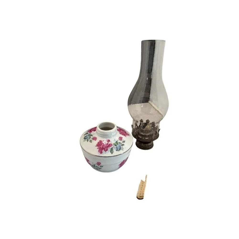 Vintage Floral Porcelain Oil Lamp -Pink Rose Transferware Kerosene Lamp